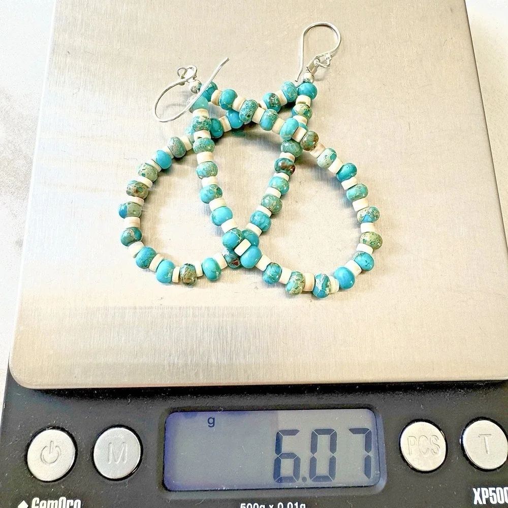 Jacla Navajo Earrings Turquoise Heishi 3in 925 Sterling Dangle Hook Loops Long